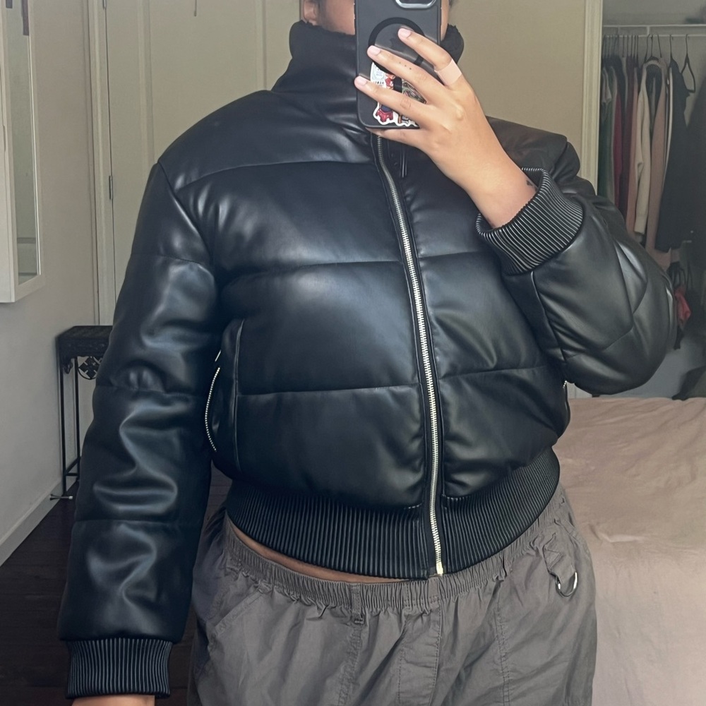 Black Puffer Jacket with Shearling Collar